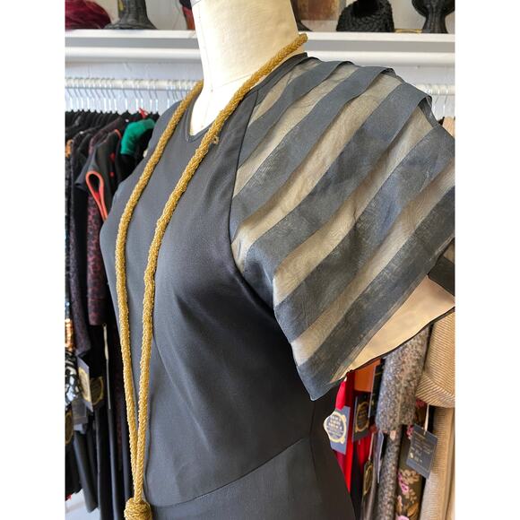vintage 1970s black rayon dress with striped sleeves medium 1930s style art deco - Picture 7 of 10